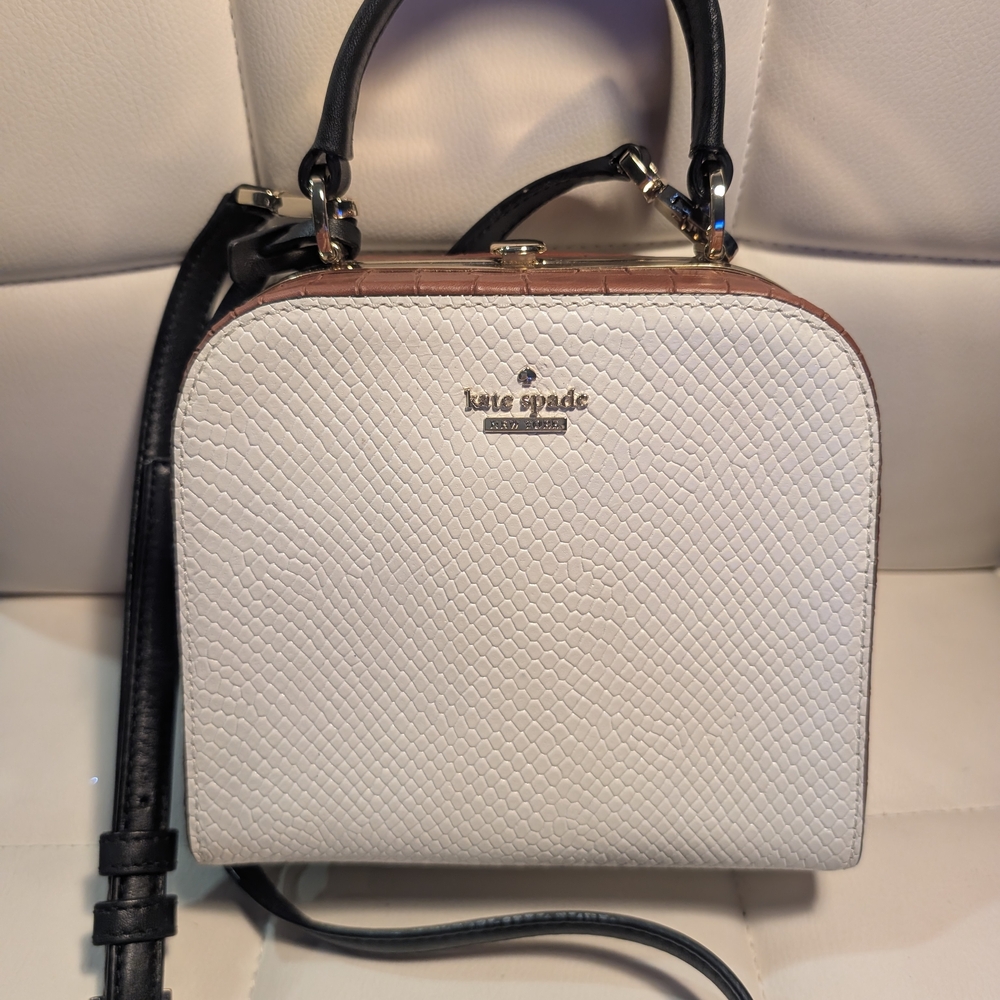 Kate Spade New York White Textured Dome Satchel with Black Strap